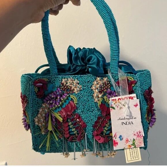 Viral Tik Tok Beaded Handbag Made in India Teal Blue Floral NWT - Picture 3 of 6